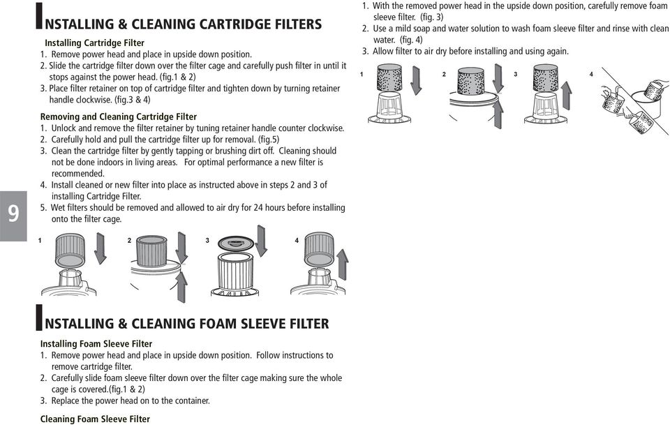 Place filter retainer on top of cartridge filter and tighten down by turning retainer handle clockwise. (fig.3 & 4) Removing and Cleaning Cartridge Filter 1.