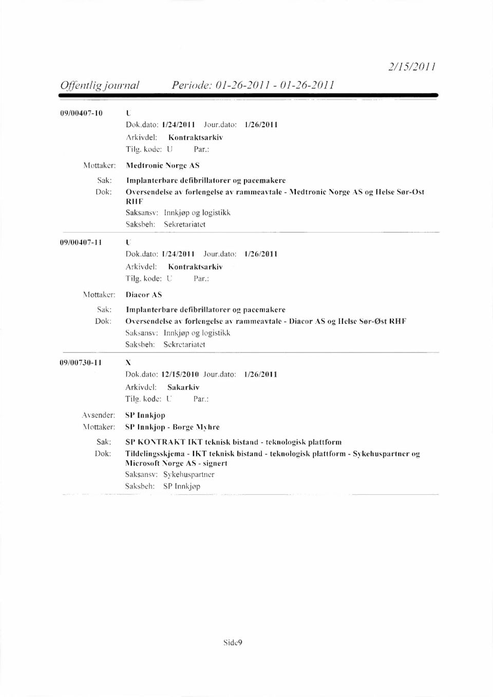 Sør-Øst RHF Innkjøp og logistikk Sekretariatet 09/00407-11 Dok.dato: 1/24/2011 Jour.