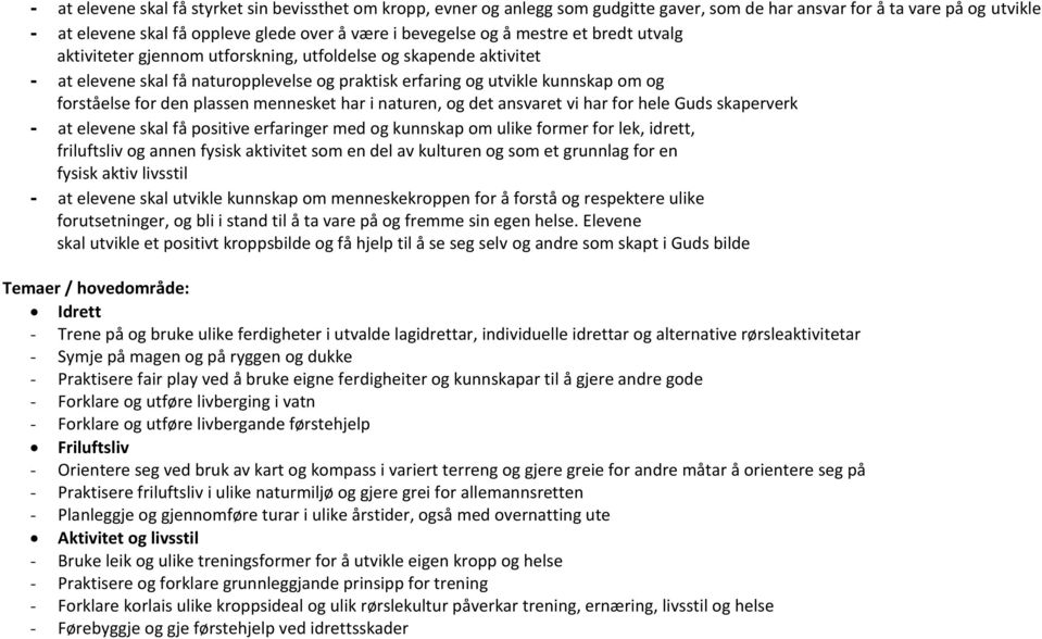 mennesket har i naturen, og det ansvaret vi har for hele Guds skaperverk - at elevene skal få positive erfaringer med og kunnskap om ulike former for lek, idrett, friluftsliv og annen fysisk