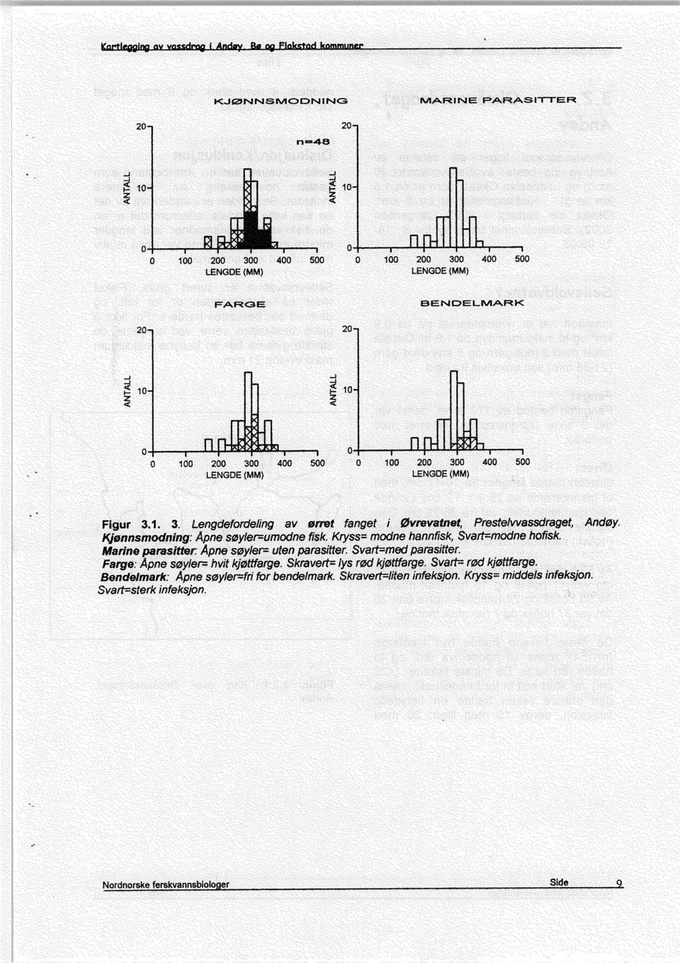 Kryss= modne hannfisk, Svart=modne hofisk. Marine parasitter Apnesoyler= uten parasitter. Svart=med parasitter. Farge:Apnesoyler= hvit kjøttfarge.