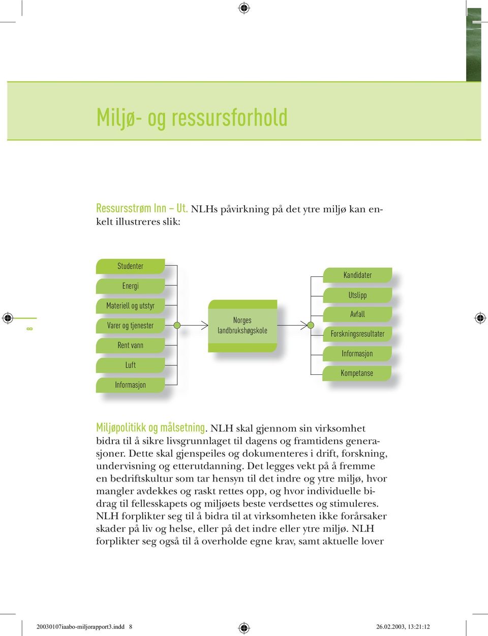 Forskningsresultater Informasjon Kompetanse Miljøpolitikk og målsetning. NLH skal gjennom sin virksomhet bidra til å sikre livsgrunnlaget til dagens og framtidens generasjoner.