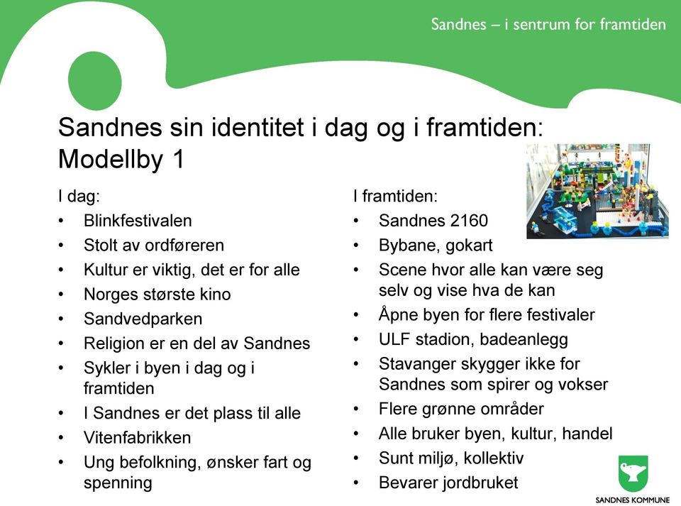 og spenning I framtiden: Sandnes 2160 Bybane, gokart Scene hvor alle kan være seg selv og vise hva de kan Åpne byen for flere festivaler ULF stadion,