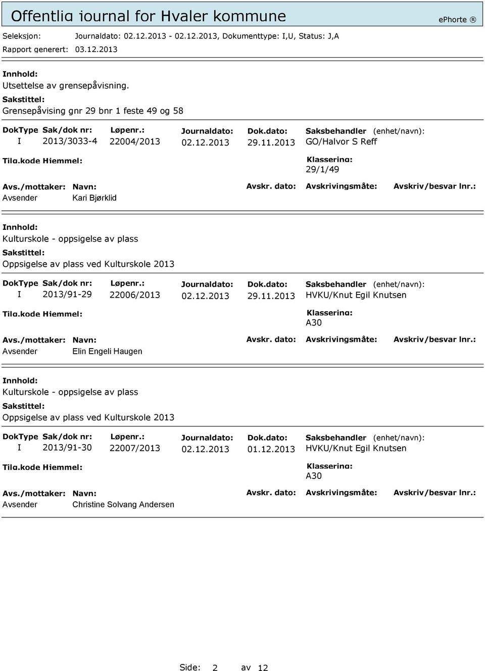 2013 GO/Halvor S Reff 29/1/49 Avsender Kari Bjørklid Kulturskole - oppsigelse av plass Oppsigelse av plass ved Kulturskole 2013