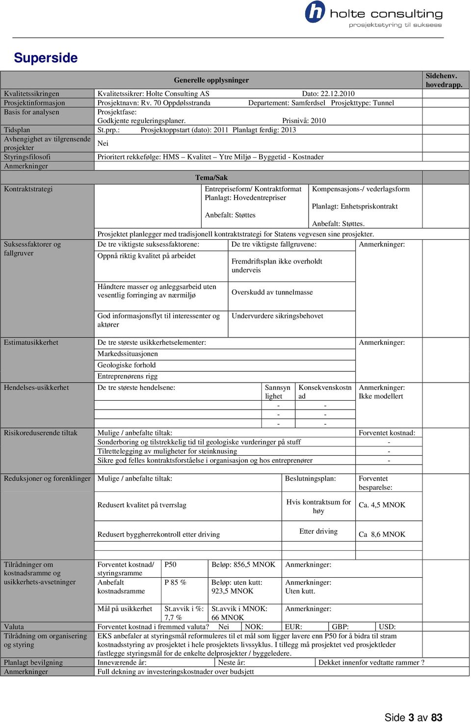 : Prosjektoppstart (dato): 2011 Planlagt ferdig: 2013 Avhengighet av tilgrensende prosjekter Nei Styringsfilosofi Prioritert rekkefølge: HMS Kvalitet Ytre Miljø Byggetid - Kostnader Anmerkninger