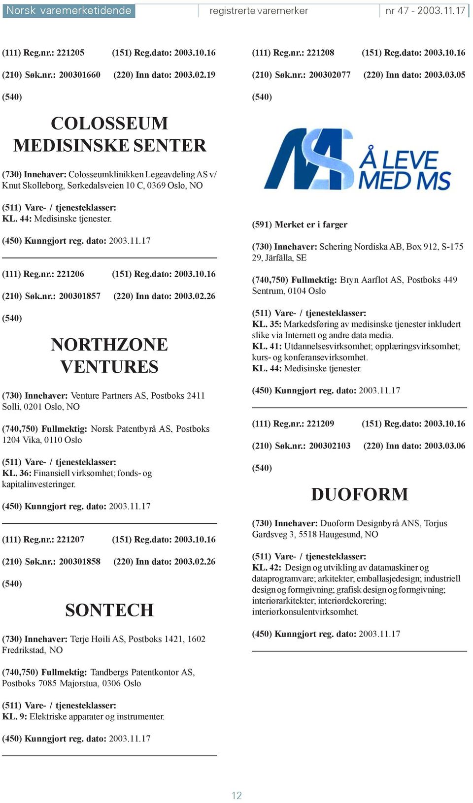 44: Medisinske tjenester. (111) Reg.nr.: 221206 (151) Reg.dato: 2003.10.16 (210) Søk.nr.: 200301857 (220) Inn dato: 2003.02.