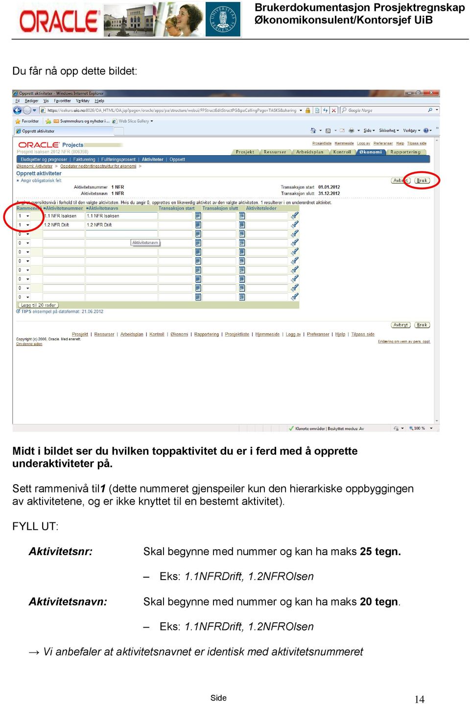 aktivitet). FYLL UT: Aktivitetsnr: Skal begynne med nummer og kan ha maks 25 tegn. Eks: 1.1NFRDrift, 1.