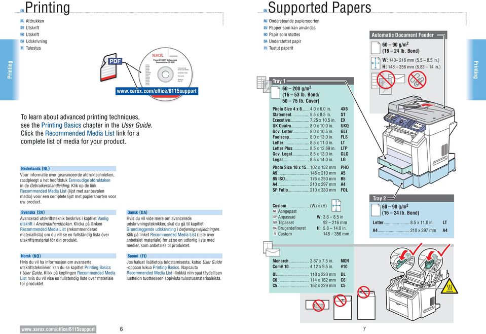 Bond/ 50 75 lb. Cover) W H W: 0 6 mm (5.5 8.5 in.) H: 8 356 mm (5.83 in.) Printing To learn about advanced printing techniques, see the Printing Basics chapter in the User Guide.