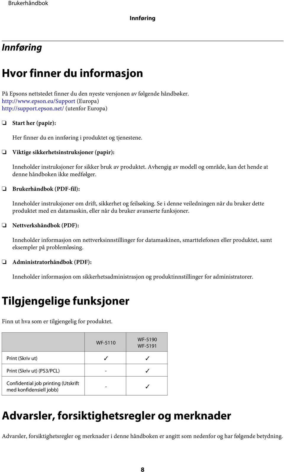 Viktige sikkerhetsinstruksjoner (papir): Inneholder instruksjoner for sikker bruk av produktet. Avhengig av modell og område, kan det hende at denne håndboken ikke medfølger.