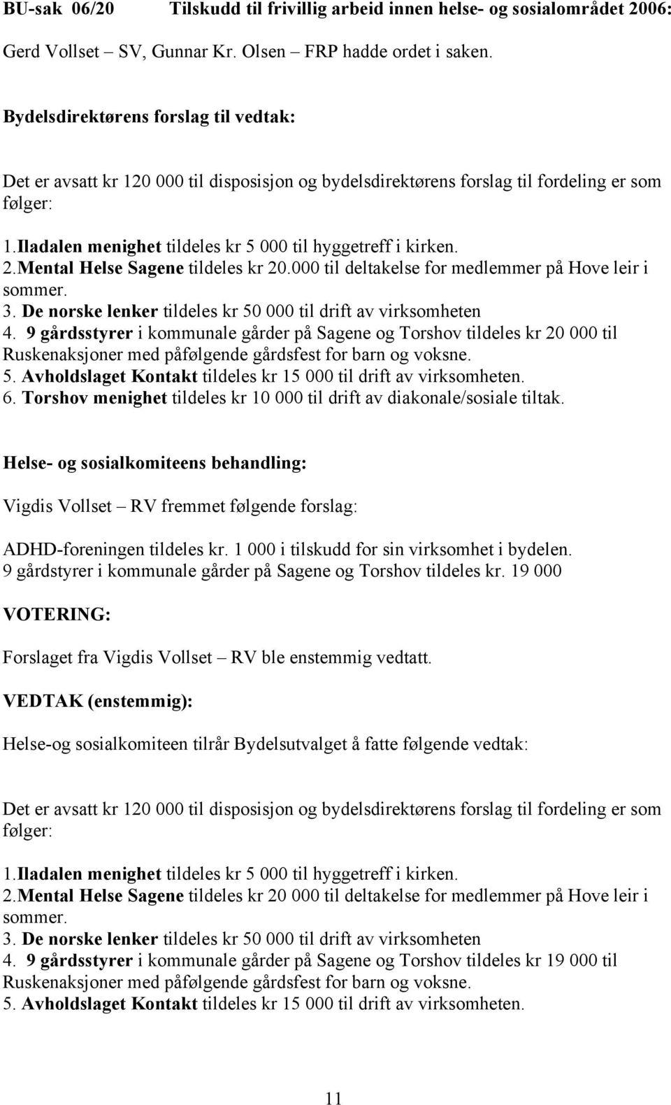 2.Mental Helse Sagene tildeles kr 20.000 til deltakelse for medlemmer på Hove leir i sommer. 3. De norske lenker tildeles kr 50 000 til drift av virksomheten 4.