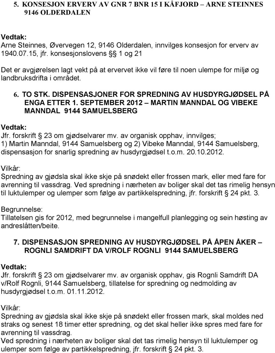 DISPENSASJONER FOR SPREDNING AV HUSDYRGJØDSEL PÅ ENGA ETTER 1. SEPTEMBER 2012 MARTIN MANNDAL OG VIBEKE MANNDAL 9144 SAMUELSBERG Jfr. forskrift 23 om gjødselvarer mv.
