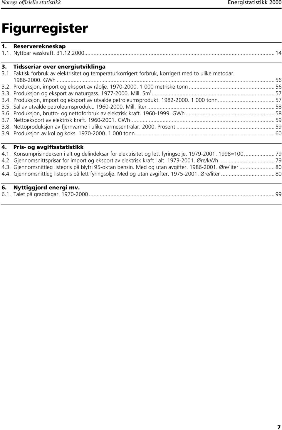 Produksjon, import og eksport av utvalde petroleumsprodukt. 1982-2000. 1 000 tonn... 57 3.5. Sal av utvalde petroleumsprodukt. 1960-2000. Mill. liter... 58 3.6. Produksjon, brutto- og nettoforbruk av elektrisk kraft.