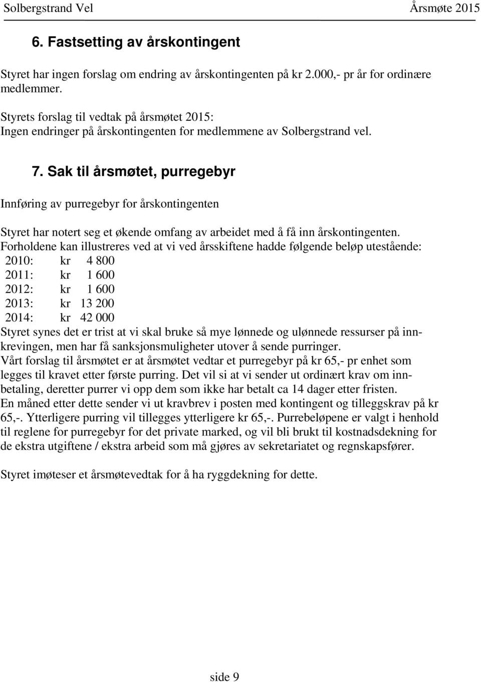 Sak til årsmøtet, purregebyr Innføring av purregebyr for årskontingenten Styret har notert seg et økende omfang av arbeidet med å få inn årskontingenten.