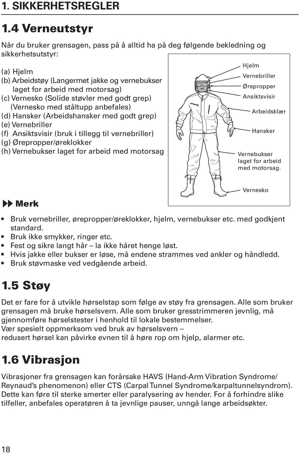 Vernesko (Solide støvler med godt grep) (Vernesko med ståltupp anbefales) (d) Hansker (Arbeidshansker med godt grep) (e) Vernebriller (f) Ansiktsvisir (bruk i tillegg til vernebriller) (g)