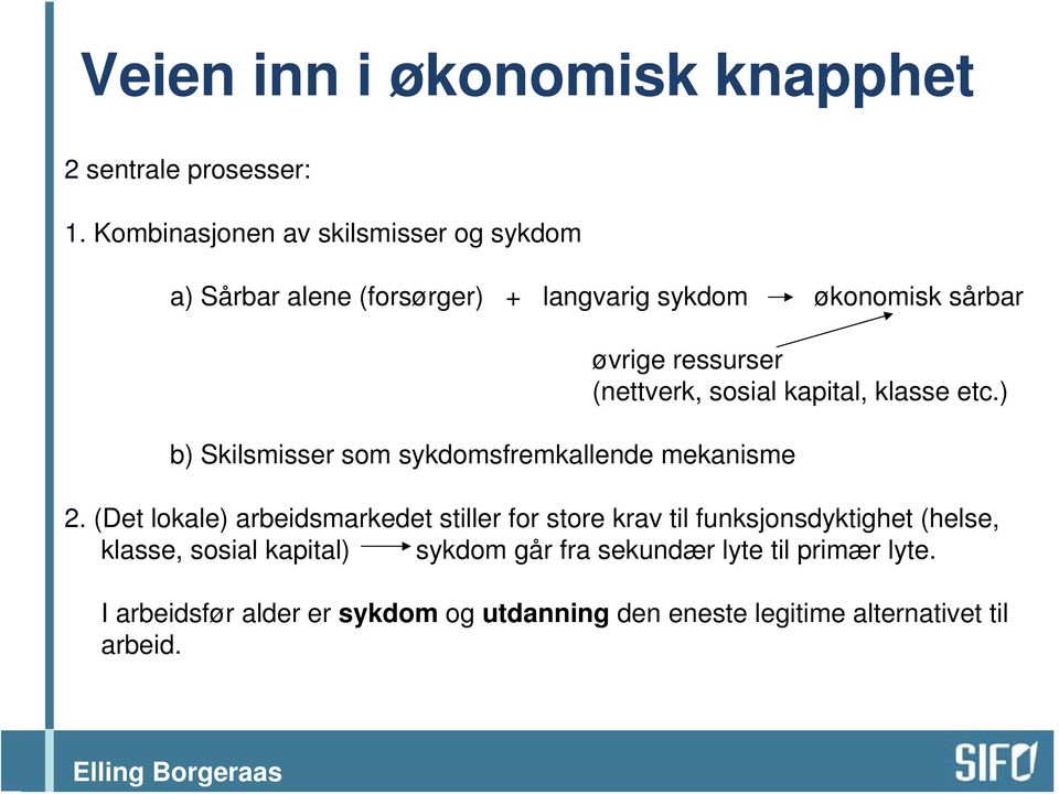 sykdomsfremkallende mekanisme øvrige ressurser (nettverk, sosial kapital, klasse etc.) 2.