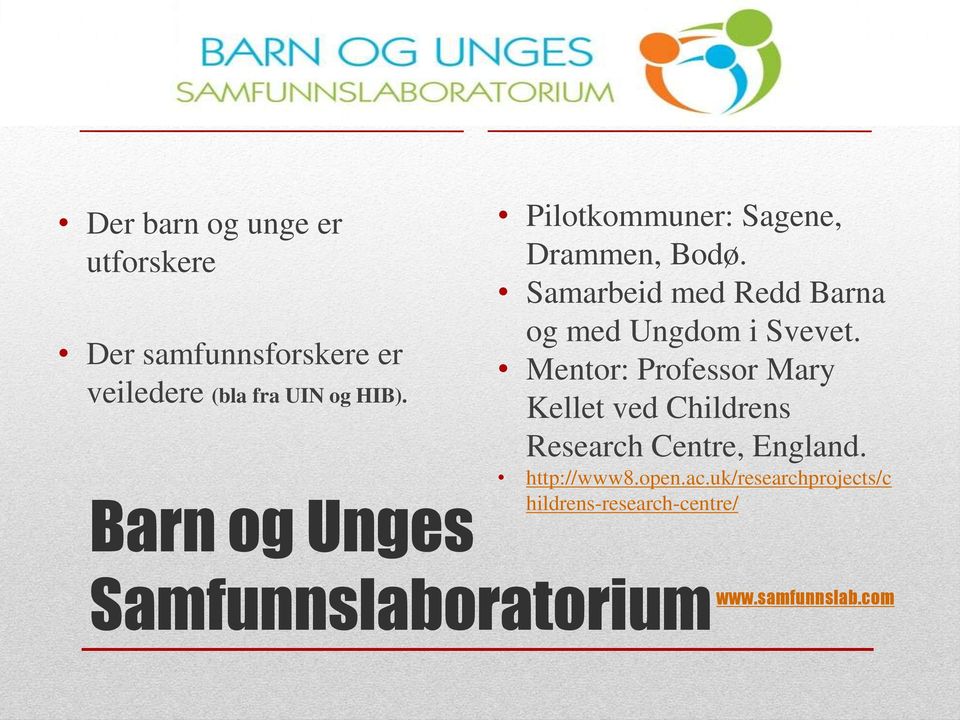 Barn og Unges Pilotkommuner: Sagene, Drammen, Bodø.