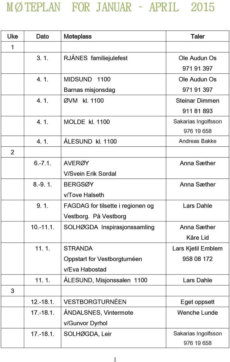 På Vestborg 10.-11.1. SOLHØGDA Inspirasjonssamling Anna Sæther Kåre Lid 11. 1. STRANDA Oppstart for Vestborgturnéen 11. 1. ÅLESUND, Misjonssalen 1100 Lars Dahle 3 12.