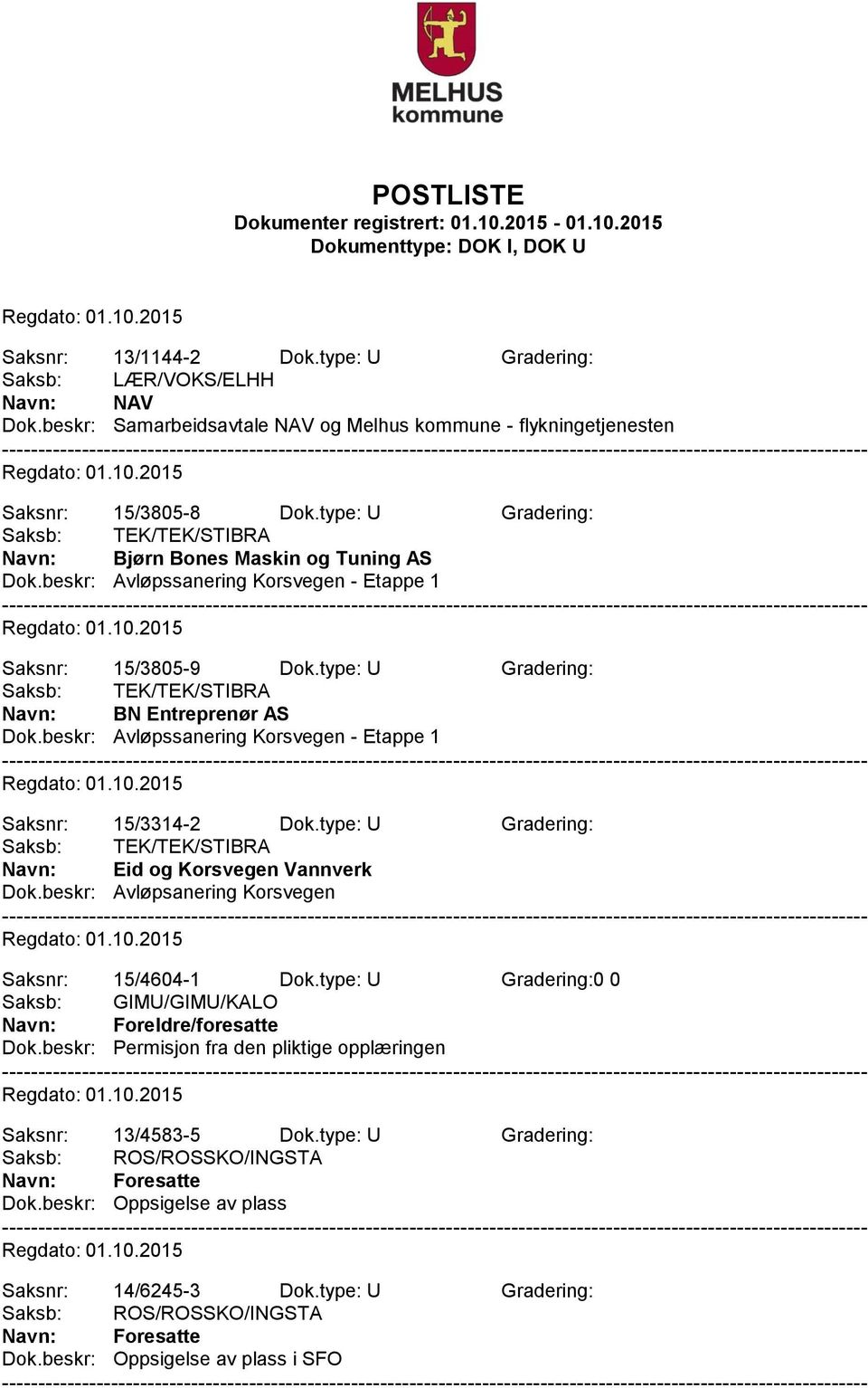 type: U Gradering: Saksb: TEK/TEK/STIBRA Navn: BN Entreprenør AS Dok.beskr: Avløpssanering Korsvegen - Etappe 1 Saksnr: 15/3314-2 Dok.