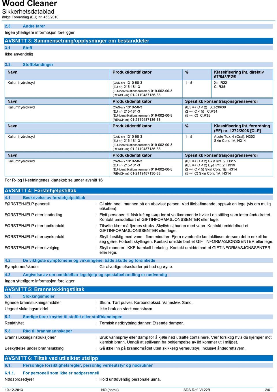 Klassifisering iht. forordning (EF) nr. 1272/2008 [CLP] 1-5 Acute Tox. 4 (Oral), H302 Skin Corr.