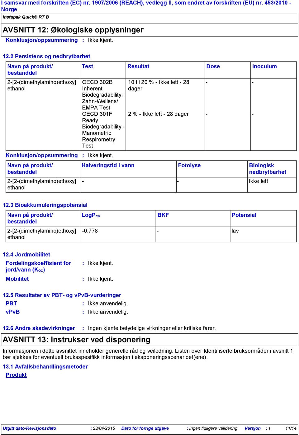 Respirometry Test Konklusjon/oppsummering Resultat 10 til 20 % Ikke lett 28 dager Dose 2 % Ikke lett 28 dager Inoculum Halveringstid i vann Fotolyse Biologisk nedbrytbarhet Ikke lett 12.