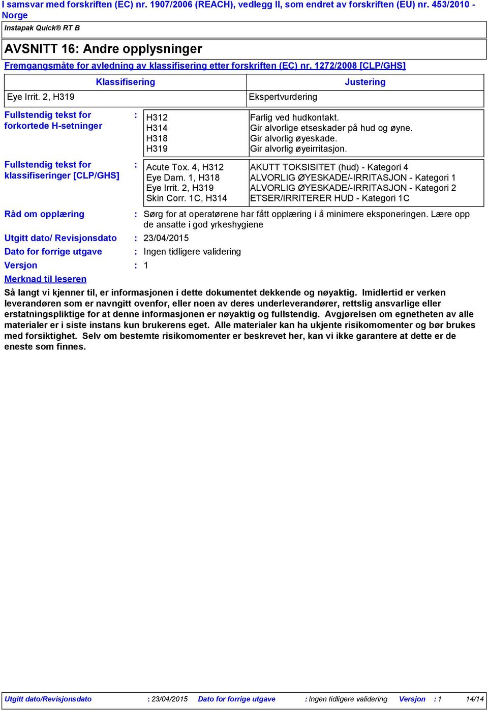 2, H319 Fullstendig tekst for forkortede Hsetninger Fullstendig tekst for klassifiseringer [CLP/GHS] Klassifisering Råd om opplæring Utgitt dato/ Revisjonsdato Dato for forrige utgave Versjon Merknad