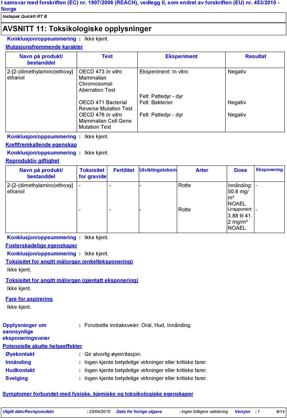 Aberration Test OECD 471 Bacterial Reverse Mutation Test OECD 476 In vitro Mammalian Cell Gene Mutation Test Konklusjon/oppsummering Konklusjon/oppsummering Reproduktiv giftighet