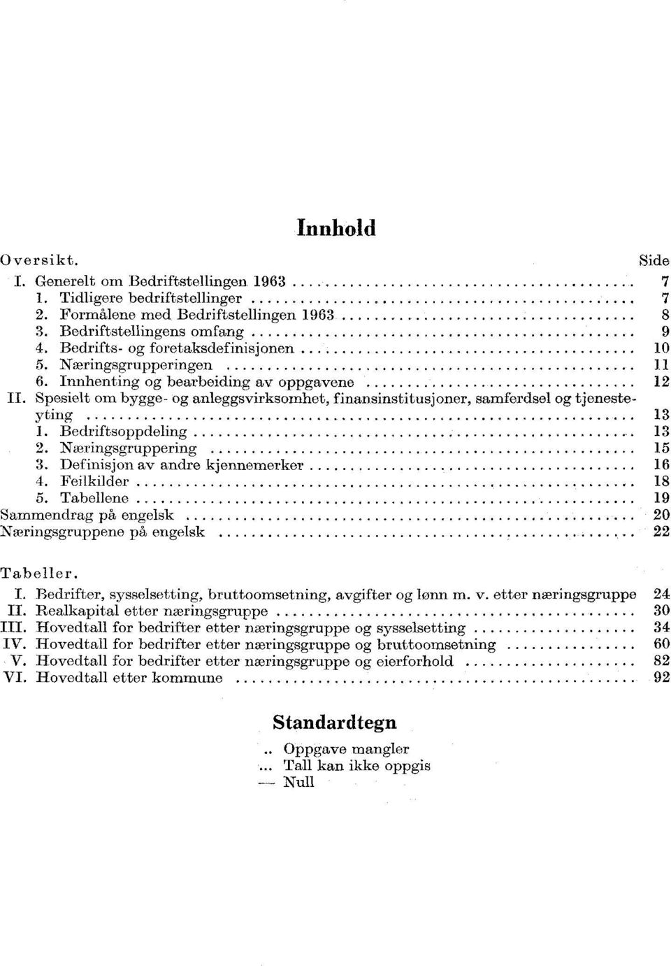 Definisjon av andre kjennemerker. Feilkilder....................... Tabellene Sammendrag på engelsk 0 Næringsgruppene på engelsk................... Tabeller. I.