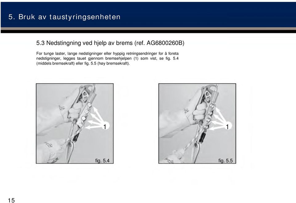 for å foreta nedstigninger, legges tauet gjennom bremsehjelpen (1) som vist, se