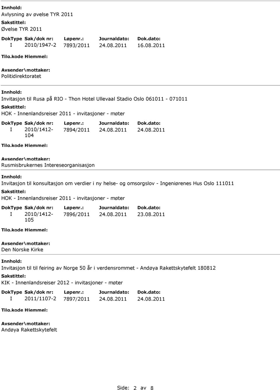 7894/2011 Rusmisbrukernes ntereseorganisasjon nvitasjon til konsultasjon om verdier i ny helse- og omsorgslov - ngeniørenes Hus Oslo 111011 HOK - nnenlandsreiser