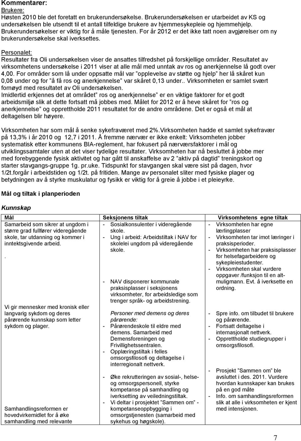 For år 2012 er det ikke tatt noen avgjørelser om ny brukerundersøkelse skal iverksettes. Personalet: Resultater fra Oli undersøkelsen viser de ansattes tilfredshet på forskjellige områder.