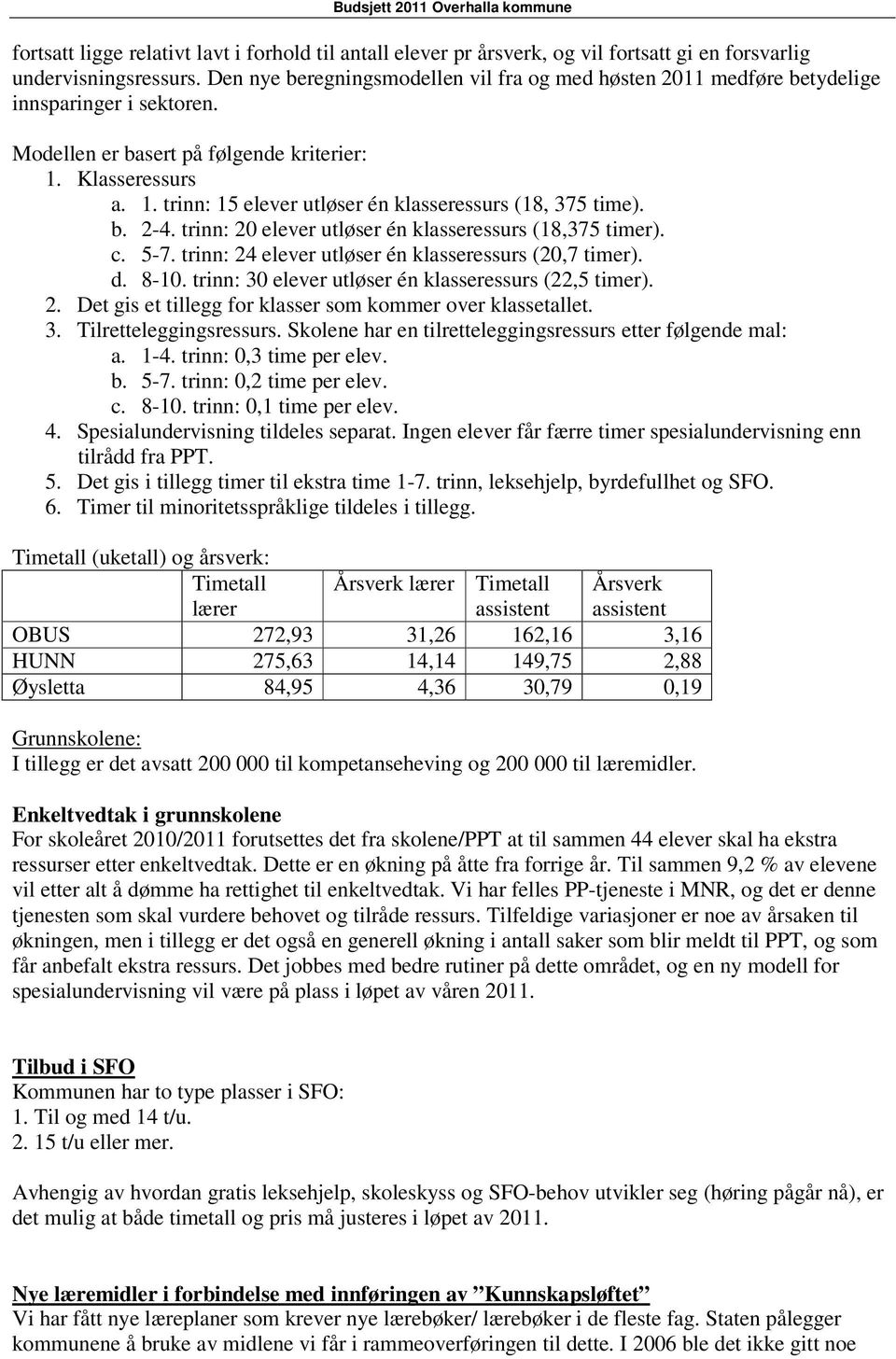 b. 2-4. trinn: 20 elever utløser én klasseressurs (18,375 timer). c. 5-7. trinn: 24 elever utløser én klasseressurs (20,7 timer). d. 8-10. trinn: 30 elever utløser én klasseressurs (22,5 timer). 2. Det gis et tillegg for klasser som kommer over klassetallet.