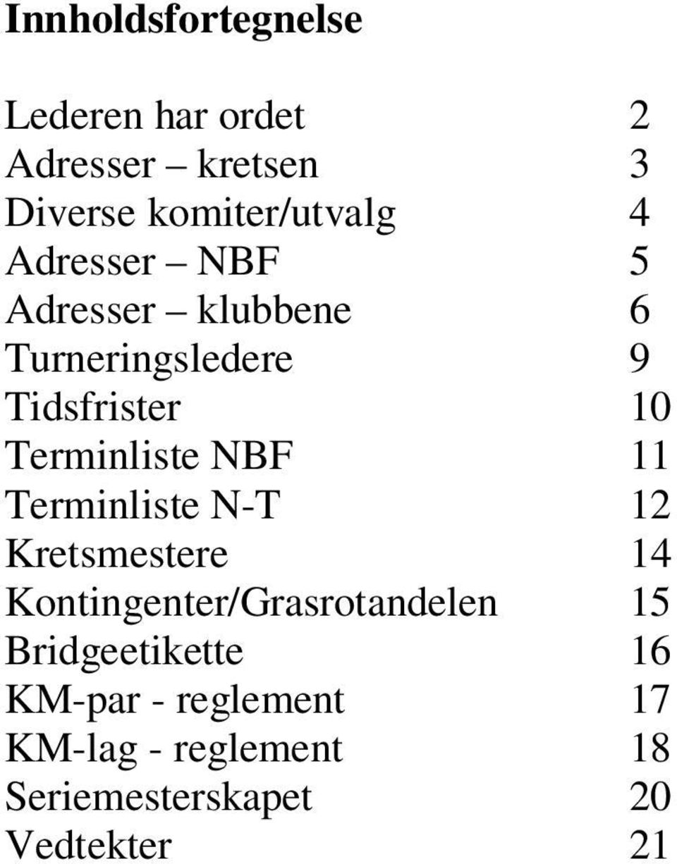 NBF 11 Terminliste N-T 12 Kretsmestere 14 Kontingenter/Grasrotandelen 15