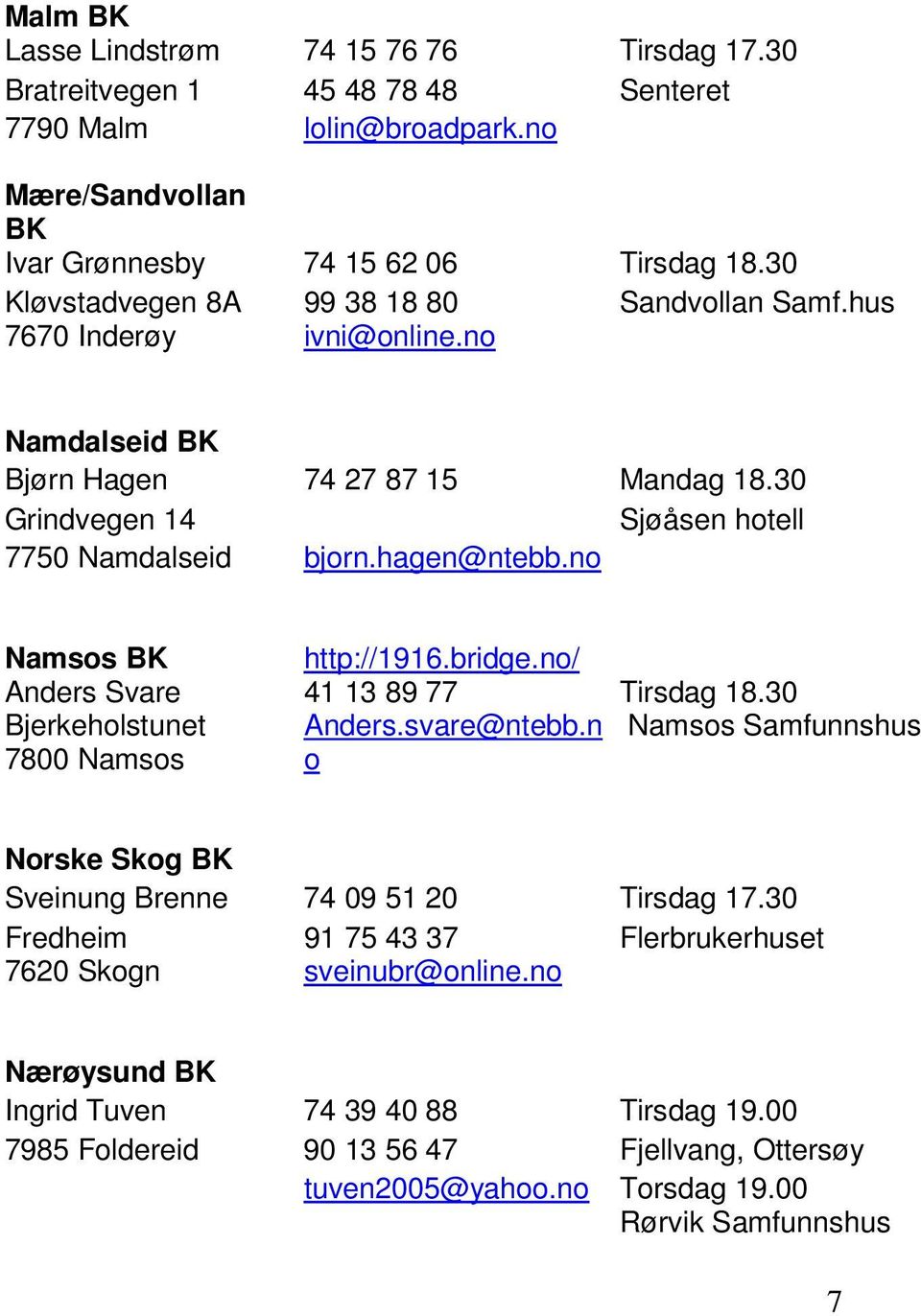 no Namsos BK Anders Svare Bjerkeholstunet 7800 Namsos http://1916.bridge.no/ 41 13 89 77 Anders.svare@ntebb.n o Tirsdag 18.