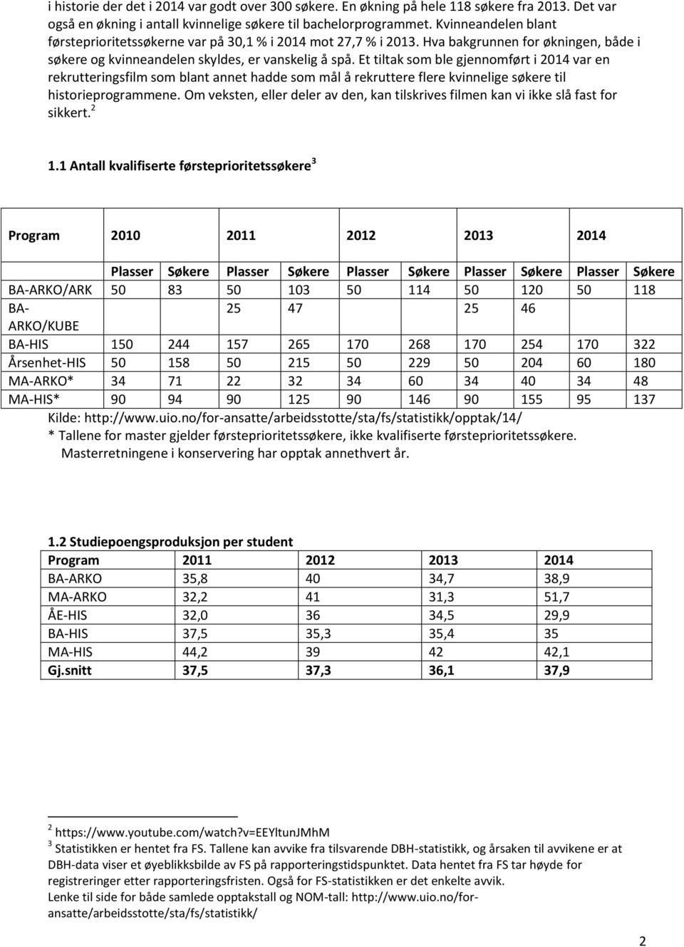 Et tiltak som ble gjennomført i 2014 var en rekrutteringsfilm som blant annet hadde som mål å rekruttere flere kvinnelige søkere til historieprogrammene.