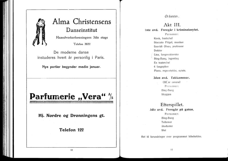 Personer: Konk, bankchef Staccato Fthgel, musiker Saavidt Olsen, professor Doktor Lina, fangevokterske Bing-Bang, ingenting En teaterchef 4 fangepiker Piano, regnestykke, sytøis.