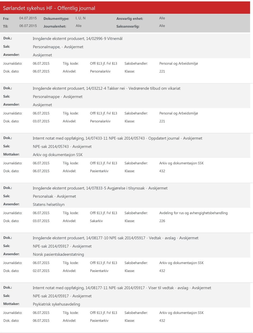 2015 Arkivdel: Personalarkiv Internt notat med oppfølging, 14/07433-11 NPE-sak 2014/05743 - Oppdatert journal - NPE-sak 2014/05743 - Dok.