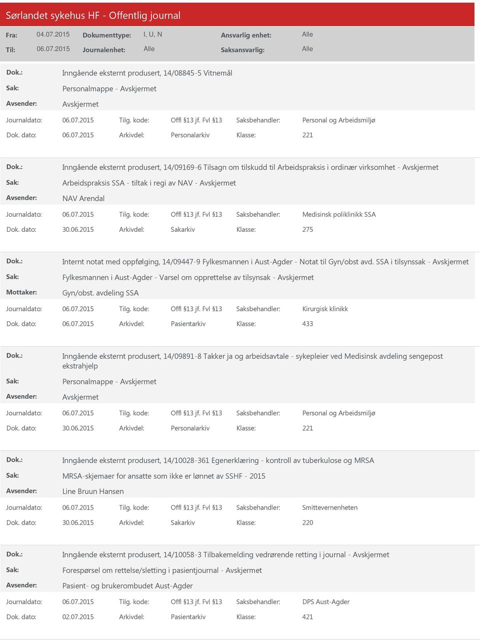 poliklinikk SSA Dok. dato: 30.06.2015 Arkivdel: Sakarkiv 275 Internt notat med oppfølging, 14/09447-9 Fylkesmannen i Aust-Agder - Notat til Gyn/obst avd.