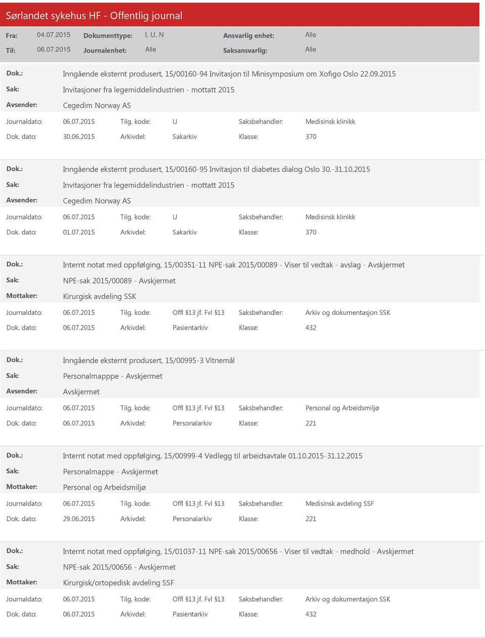 2015 Invitasjoner fra legemiddelindustrien - mottatt 2015 Cegedim Norway AS Medisinsk klinikk Dok. dato: 01.07.