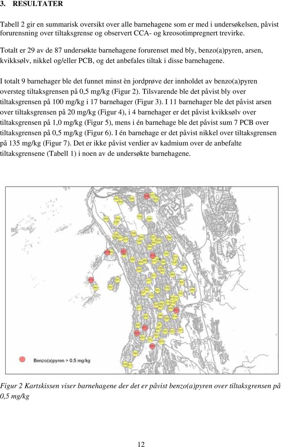 I totalt 9 barnehager ble det funnet minst èn jordprøve der innholdet av benzo(a)pyren oversteg tiltaksgrensen på 0,5 mg/kg (Figur.