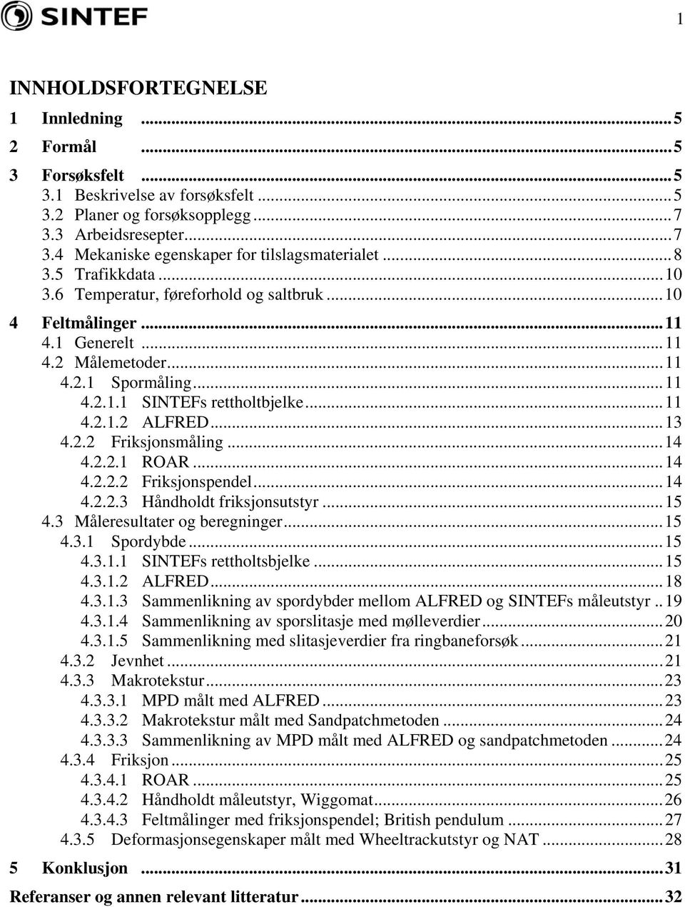 ..... Friksjonspendel...... Håndholdt friksjonsutstyr...5. Måleresultater og beregninger...5.. Spordybde...5... SINTEFs rettholtsbjelke...5... ALFRED...8.