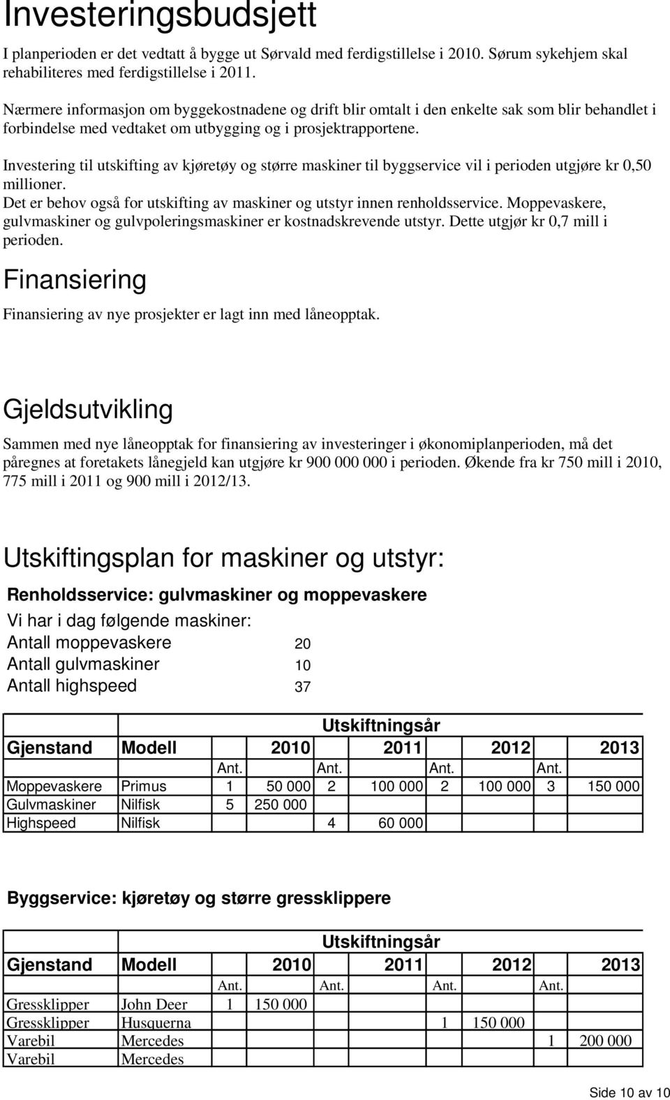 Investering til utskifting av kjøretøy og større maskiner til byggservice vil i perioden utgjøre kr 0,50 millioner. Det er behov også for utskifting av maskiner og utstyr innen renholdsservice.