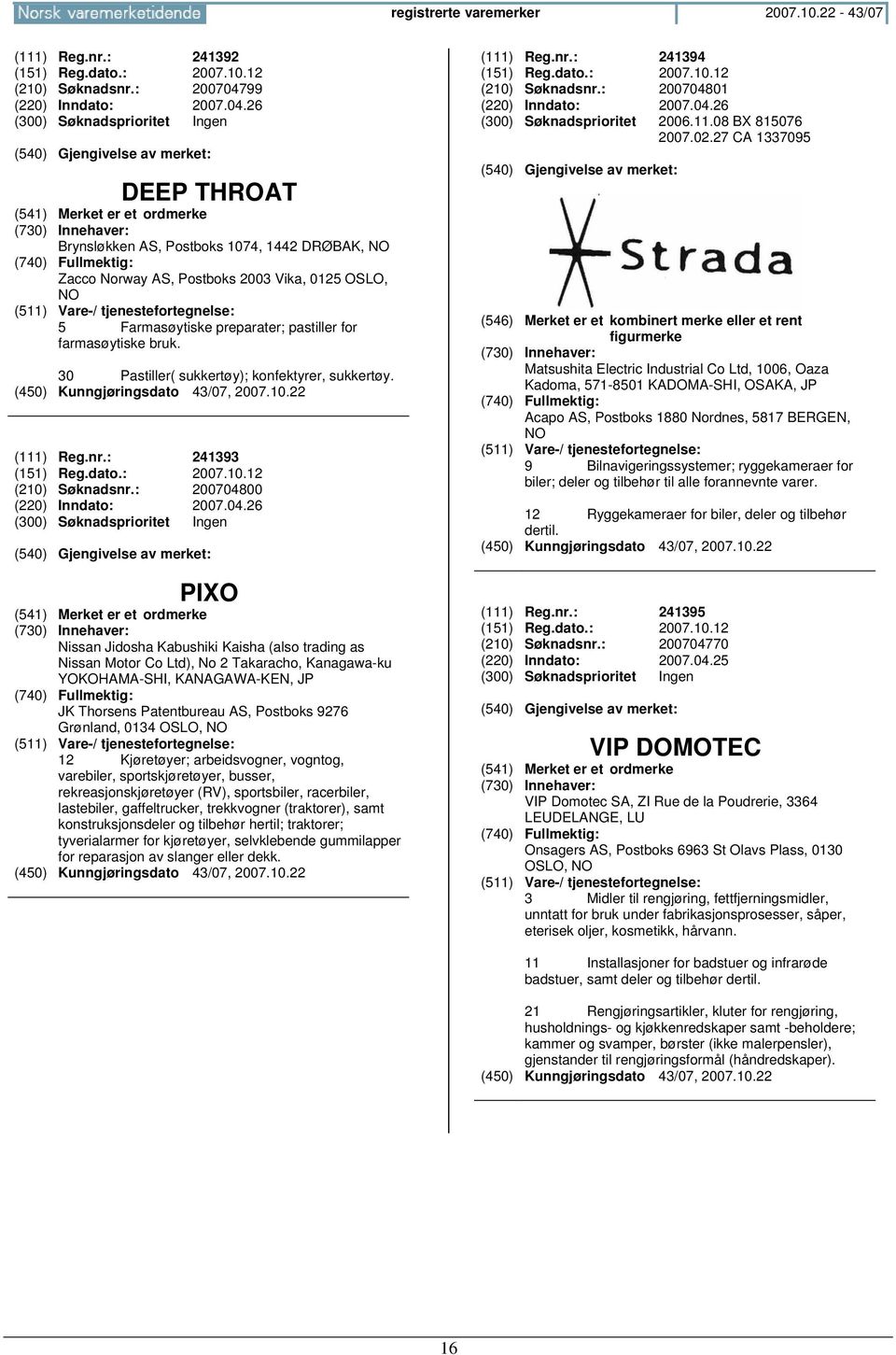 30 Pastiller( sukkertøy); konfektyrer, sukkertøy. (111) Reg.nr.: 241393 (151) Reg.dato.: 2007.10.12 (210) Søknadsnr.: 2007048