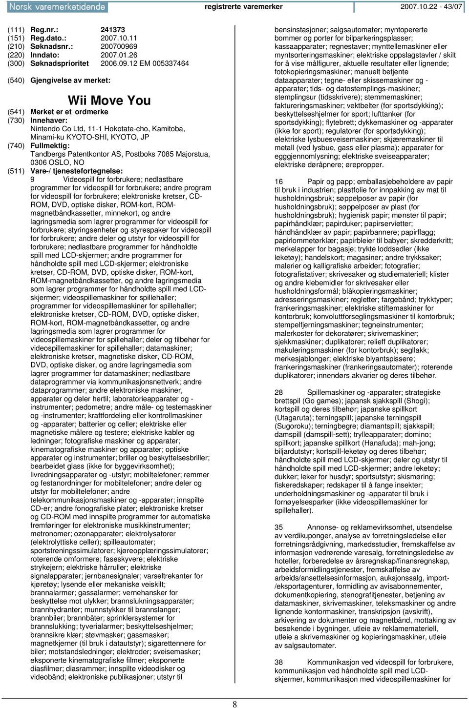 12 EM 005337464 Wii Move You Nintendo Co Ltd, 11-1 Hokotate-cho, Kamitoba, Minami-ku KYOTO-SHI, KYOTO, JP Tandbergs Patentkontor AS, Postboks 7085 Majorstua, 0306 OSLO, NO 9 Videospill for