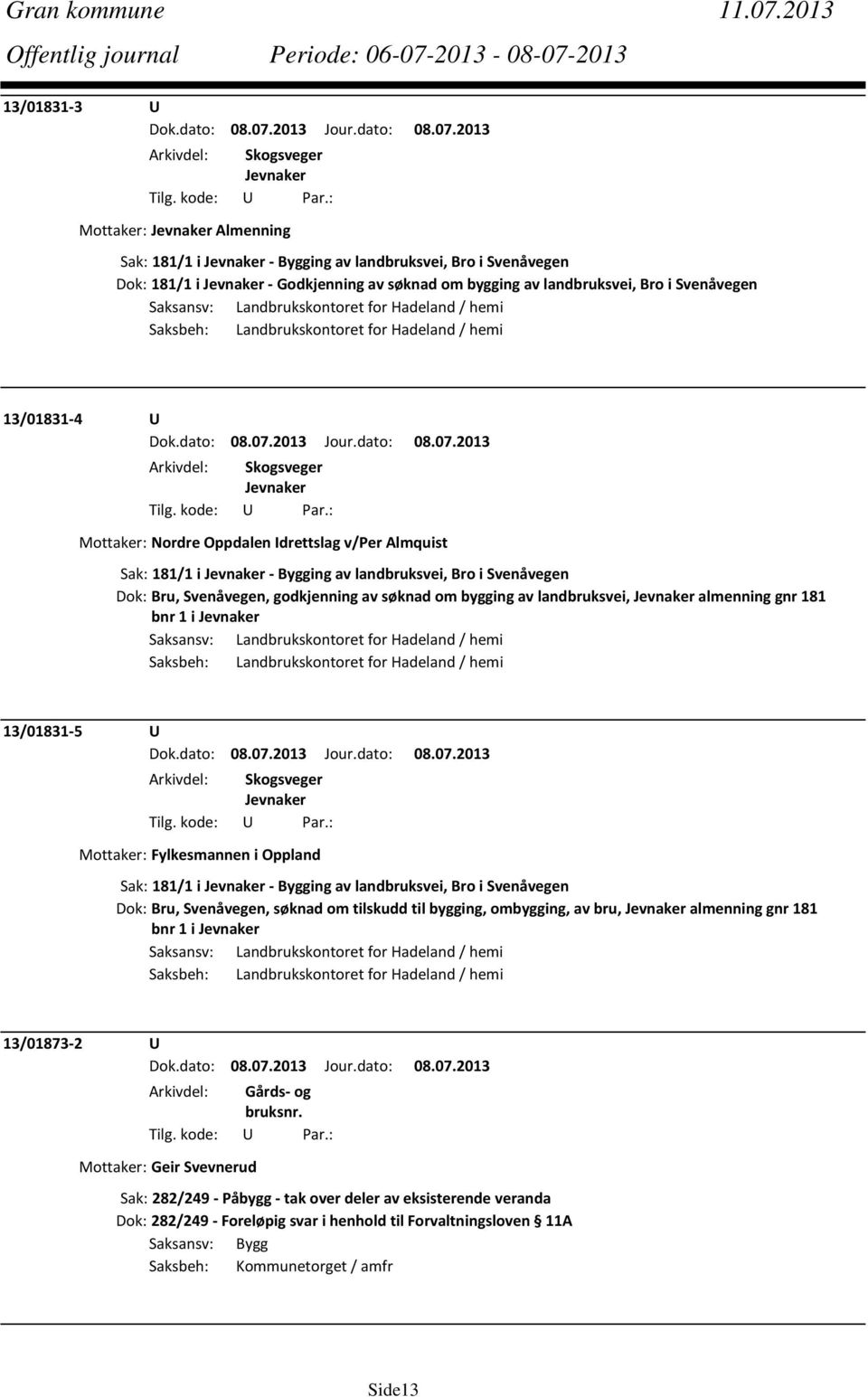 landbruksvei, Bro i Svenåvegen Saksansv: Landbrukskontoret for Hadeland / hemi Saksbeh: Landbrukskontoret for Hadeland / hemi 13/01831 4 U Arkivdel: Skogsveger Jevnaker Mottaker: Nordre Oppdalen