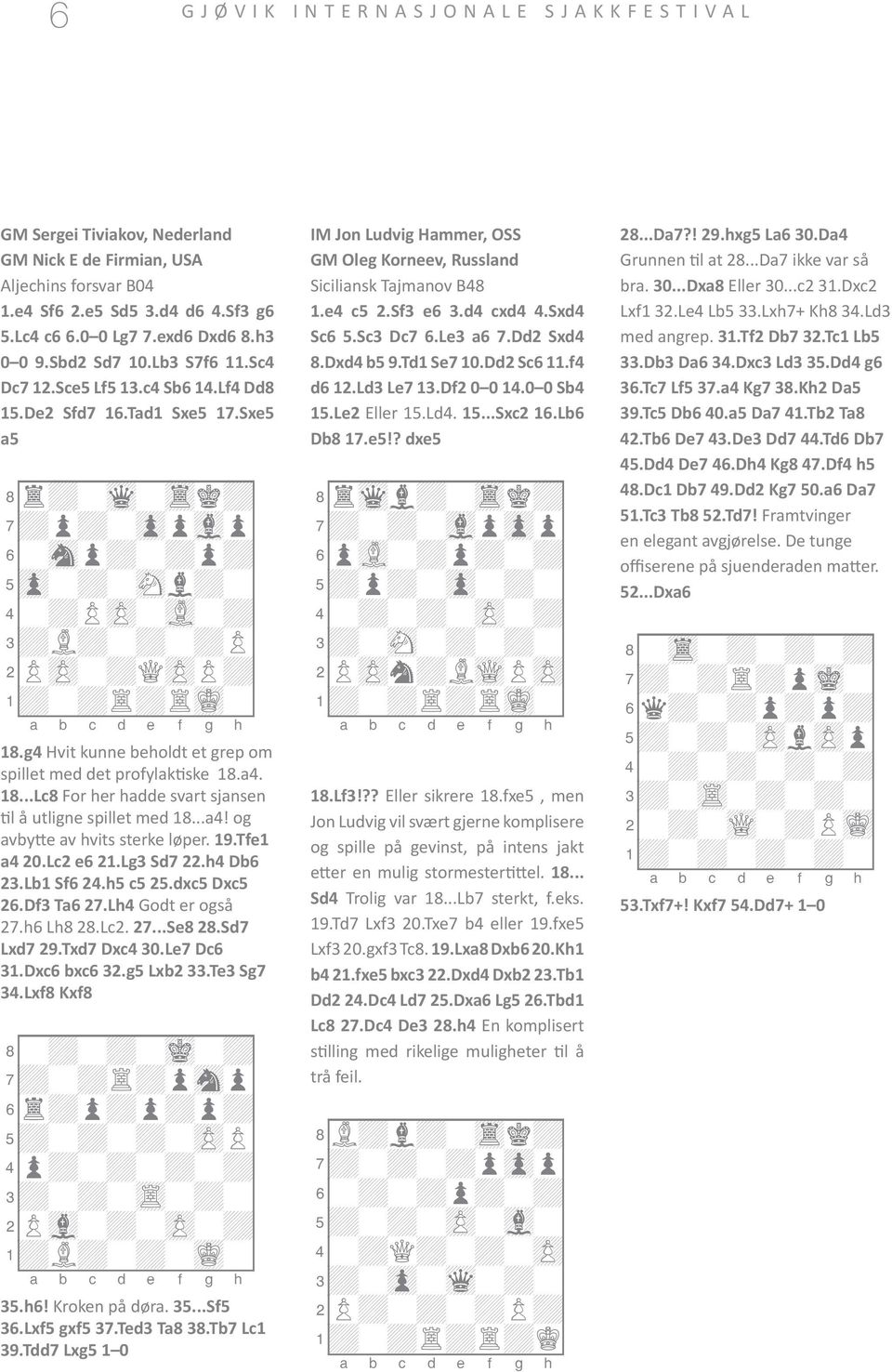 g4 Hvit kunne beholdt et grep om spillet med det profylaktiske 18.a4. 18...Lc8 For her hadde svart sjansen til å utligne spillet med 18...a4! og avbytte av hvits sterke løper. 19.Tfe1 a4 20.Lc2 e6 21.