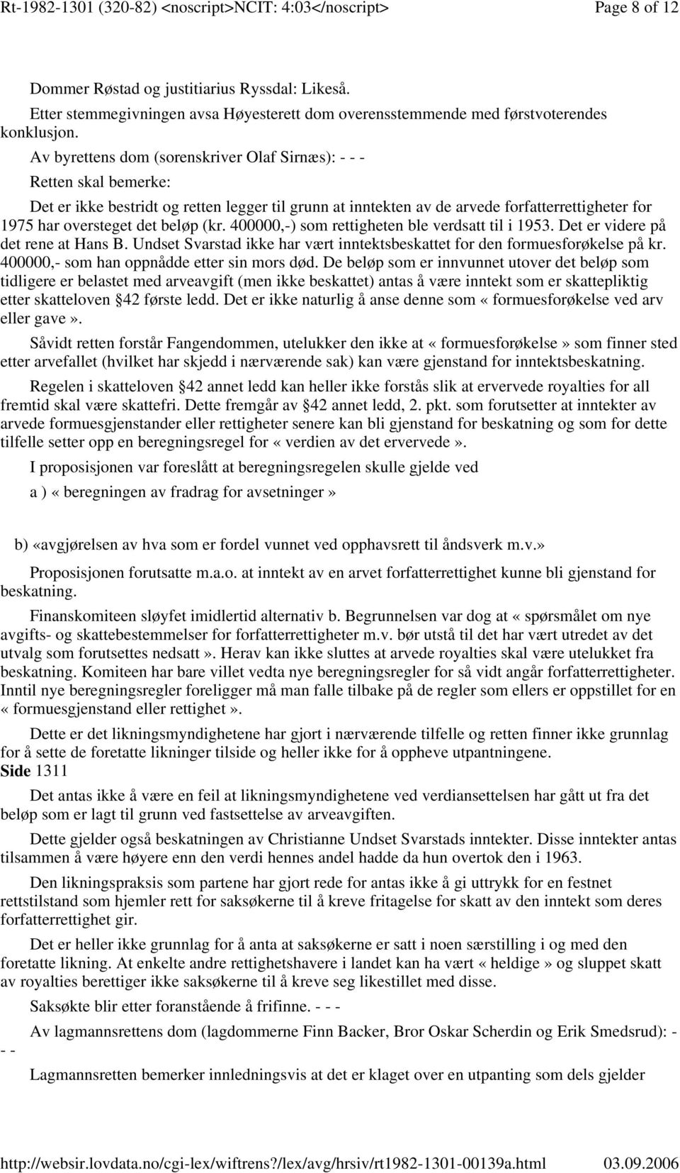 beløp (kr. 400000,-) som rettigheten ble verdsatt til i 1953. Det er videre på det rene at Hans B. Undset Svarstad ikke har vært inntektsbeskattet for den formuesforøkelse på kr.