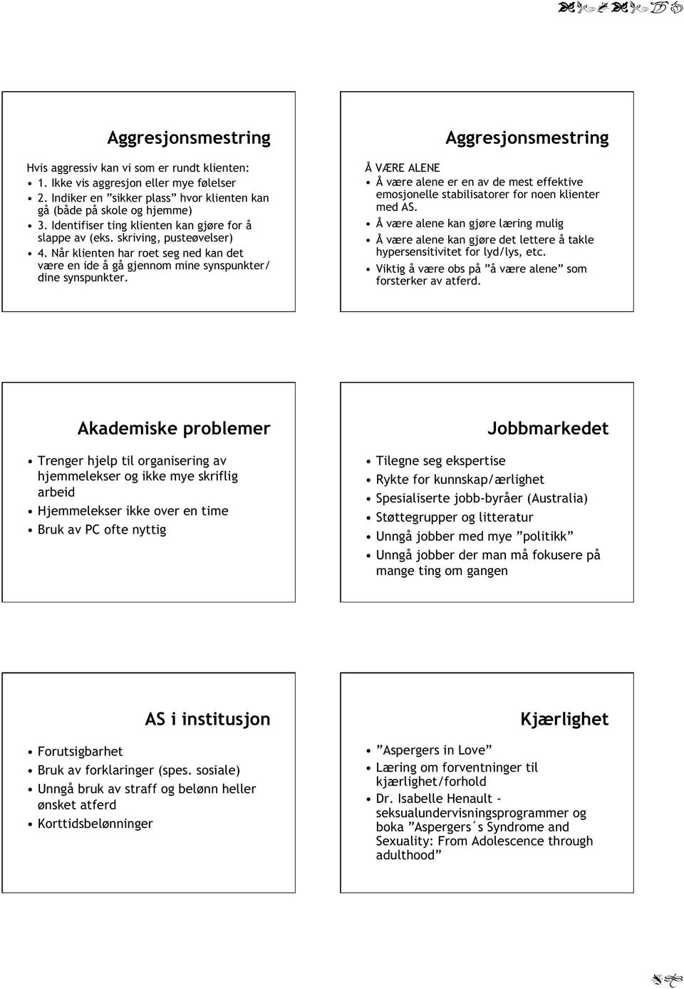 Aggresjonsmestring Å VÆRE ALENE Å være alene er en av de mest effektive emosjonelle stabilisatorer for noen klienter med AS.