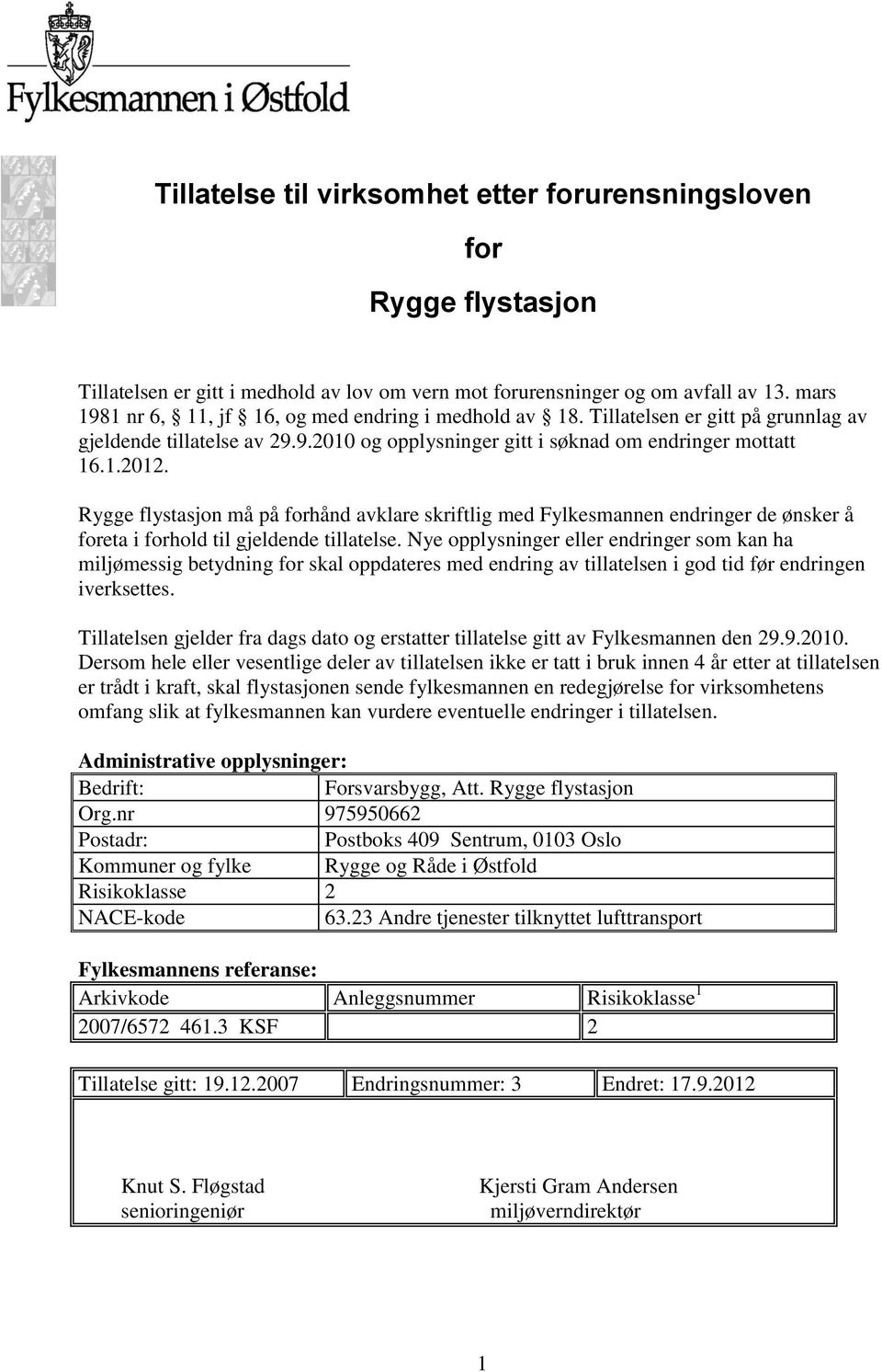 Rygge flystasjon må på forhånd avklare skriftlig med Fylkesmannen endringer de ønsker å foreta i forhold til gjeldende tillatelse.