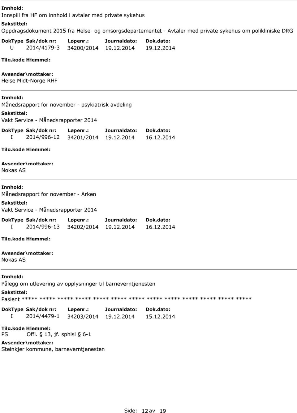 Månedsrapport for november - Arken Vakt Service - Månedsrapporter 2014 2014/996-13 34202/2014 Nokas AS Pålegg om utlevering av opplysninger til barneverntjenesten