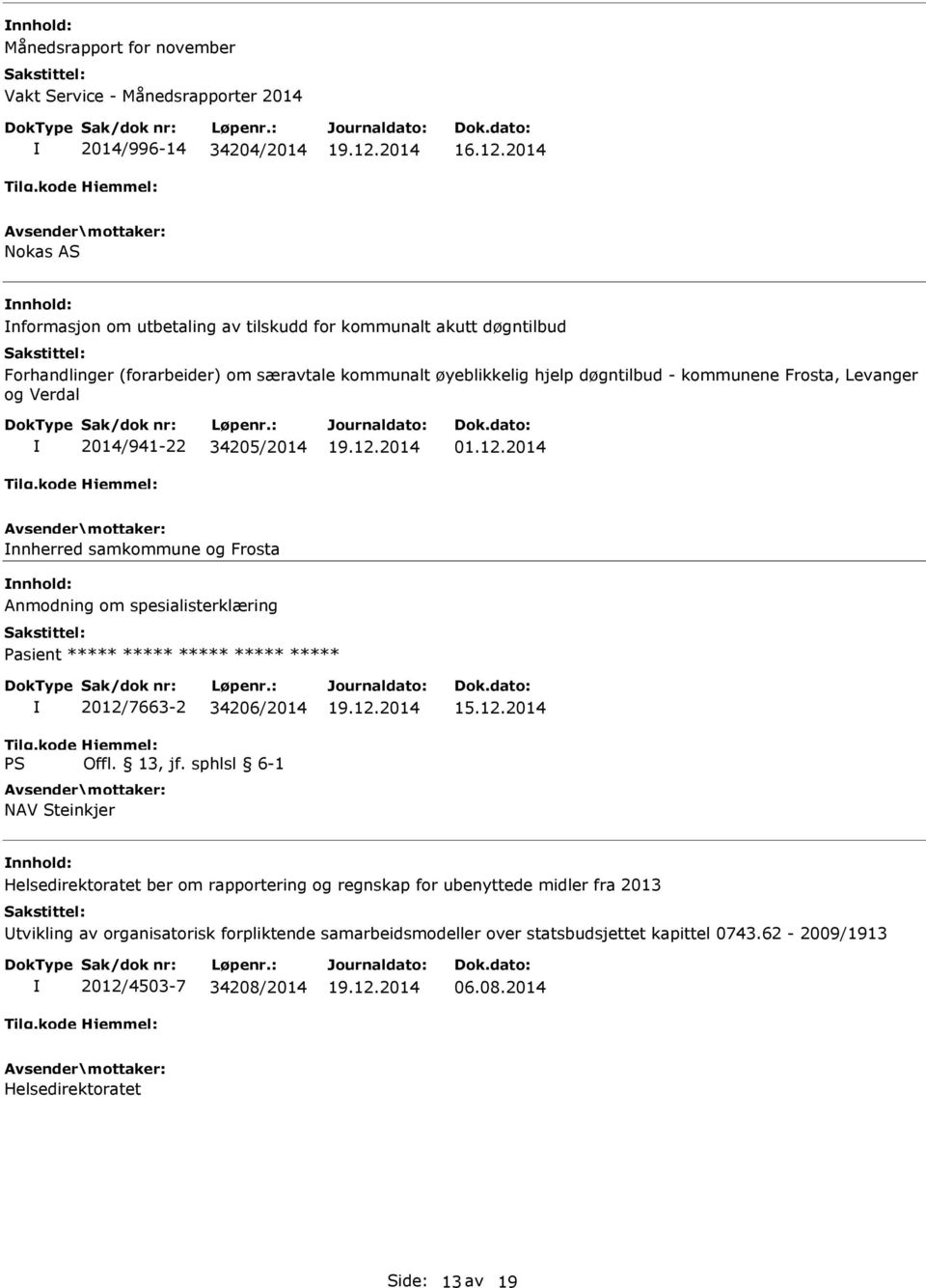 2014 nnherred samkommune og Frosta Anmodning om spesialisterklæring Pasient ***** ***** ***** ***** ***** 2012/