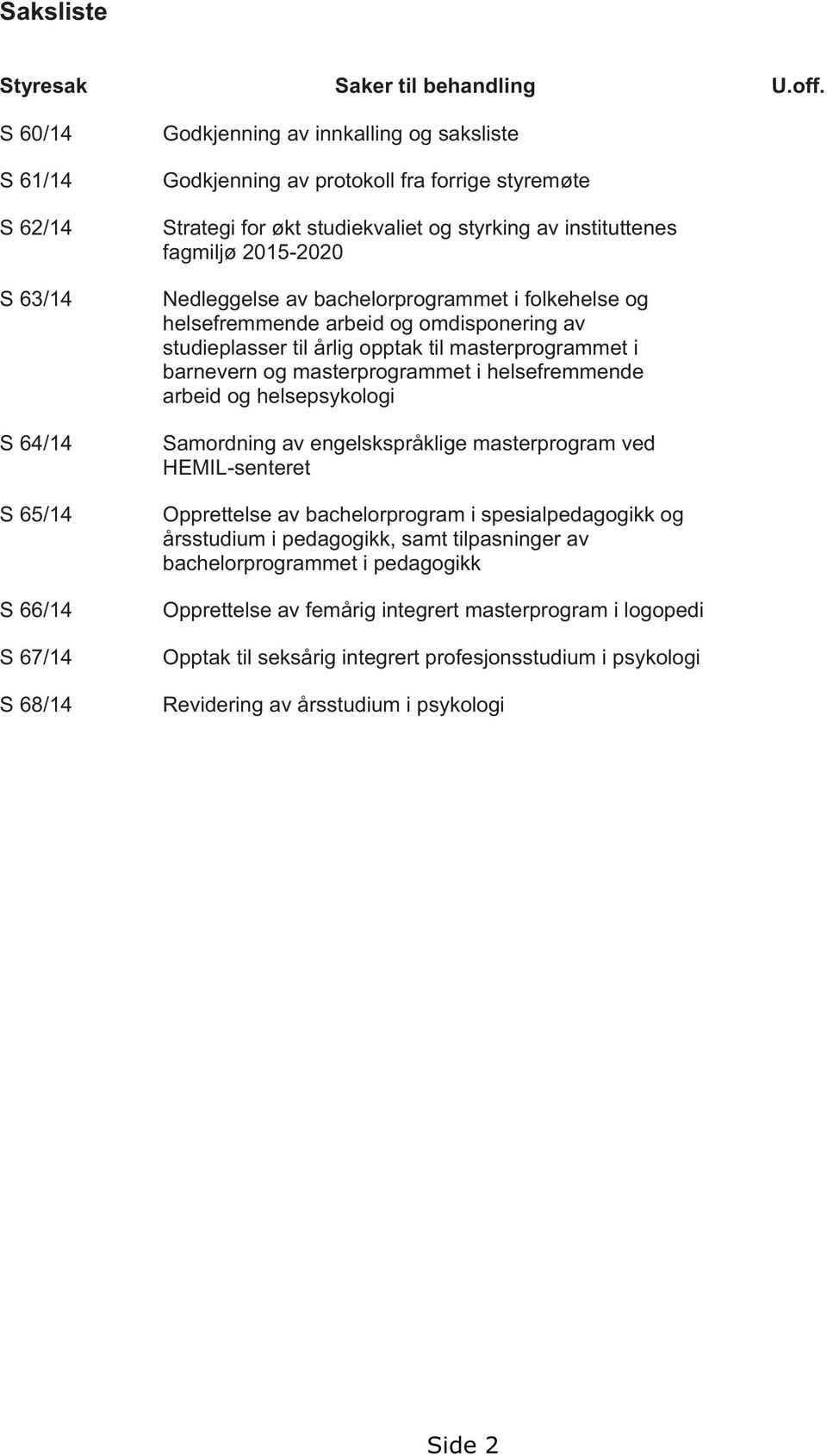 styrking av instituttenes fagmiljø 2015-2020 Nedleggelse av bachelorprogrammet i folkehelse og helsefremmende arbeid og omdisponering av studieplasser til årlig opptak til masterprogrammet i